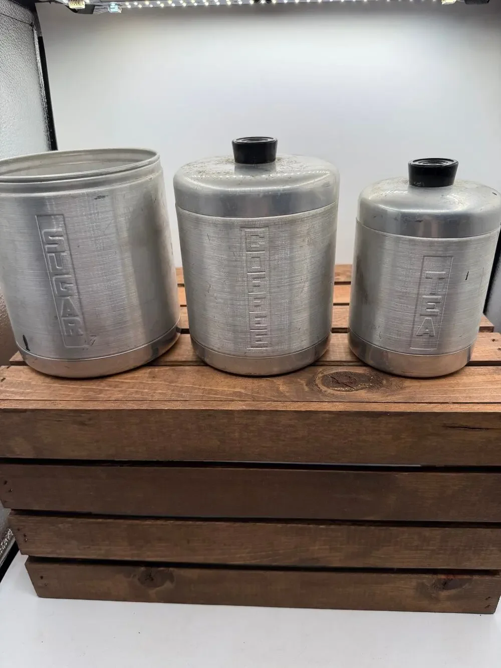 Vintage MCM Spun Aluminum Kitchen Canister Set-Sugar Coffee Tea-Black Lids 1950s